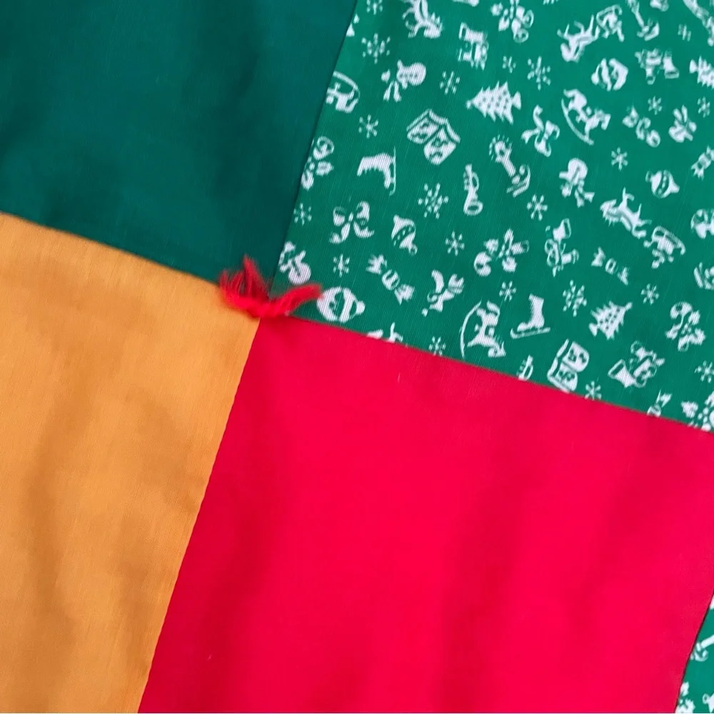 Vintage Handmade Patchwork Multicolor tree skirt with ruffle Red, Green, Gold